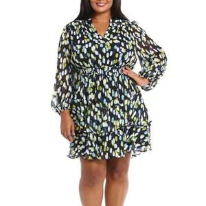 London Times Fit & Flare Long Sleeve Polka Dot Dress Plus 14W Black Blue